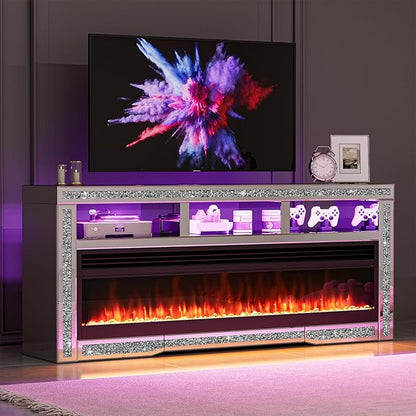 Mirrored Fireplace TV Stand with LED, Silver TV Console Table with Crushed Diamond for 65+ inch TV, Modern Media Entertainment Center with Storage for Living Room