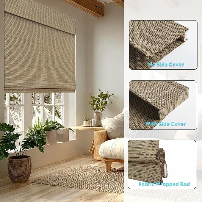 Motorized Bamboo Roman Shades, Motorized Blinds with Remote Compatible with Homekit, Alexa GoogleHome, Smart Wood Woven Shades for Indoor Windows, Customize, Earthline