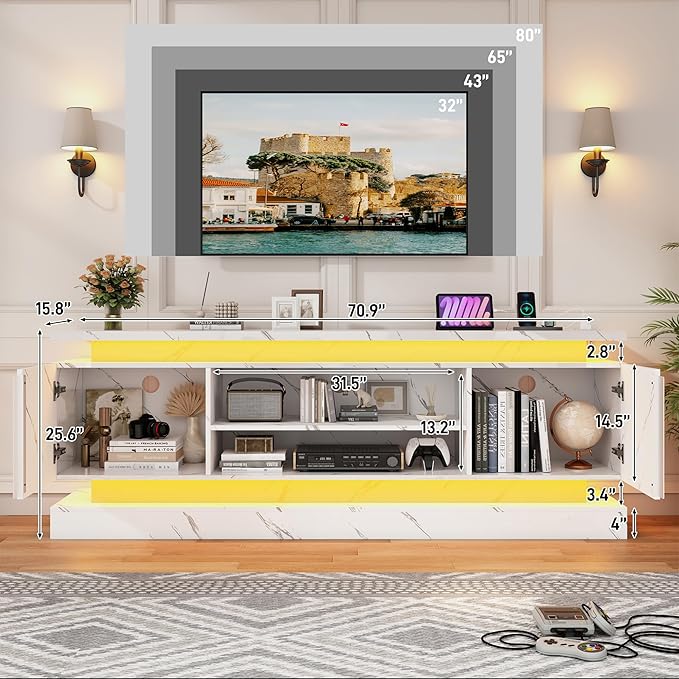 71" 2 LED Marble TV Stand for TVs 85 inch,High Gloss Gaming Tall Entertainment Center w/Power Outlet,6000-Colors LED Lights,Modern TV Media Console Table with 2 Cabinets for Living Room,White Marble
