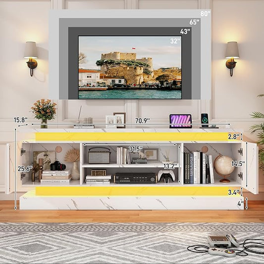 71" 2 LED Marble TV Stand for TVs 85 inch,High Gloss Gaming Tall Entertainment Center w/Power Outlet,6000-Colors LED Lights,Modern TV Media Console Table with 2 Cabinets for Living Room,White Marble