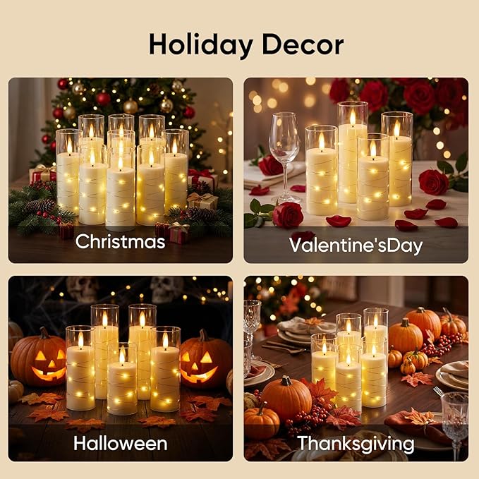 Homemory Flameless Candles with Remote Timer, Clear Acrylic Flickering LED Pillar Candles with Embedded Fairy String Lights, Battery Operated Candles for Wedding Fireplace Lantern Home Decor, Set of 9