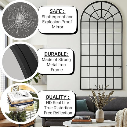 70x30Inch Large Arched Window Pane Mirror| Black Arched Mirrors for Wall & Floor | Arch Mirror Full Length for Entryway Living Room & Bedroom | Oversized Mirrors | Wall Art Decorative |Farmhouse Décor