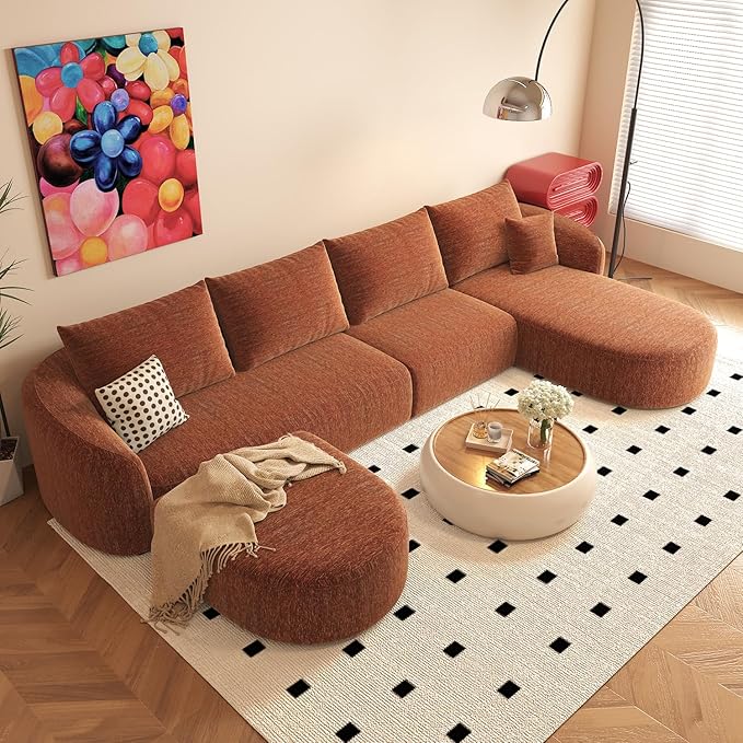 Settab 138.6" Modular Sectional Couches Luxury Modern Curved Back U-Shape Sofa Set with Ottoman,Minimalist Comfy Boneless Cloud Couch for Living Room Apartment,(Right Facing Chaise,Orange)