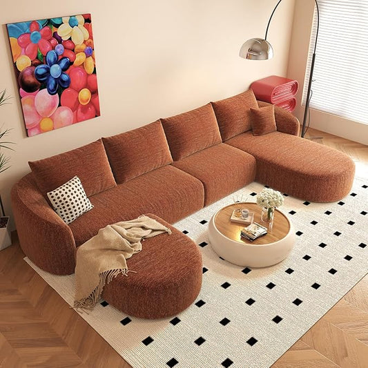 Settab 138.6" Modular Sectional Couches Luxury Modern Curved Back U-Shape Sofa Set with Ottoman,Minimalist Comfy Boneless Cloud Couch for Living Room Apartment,(Right Facing Chaise,Orange)