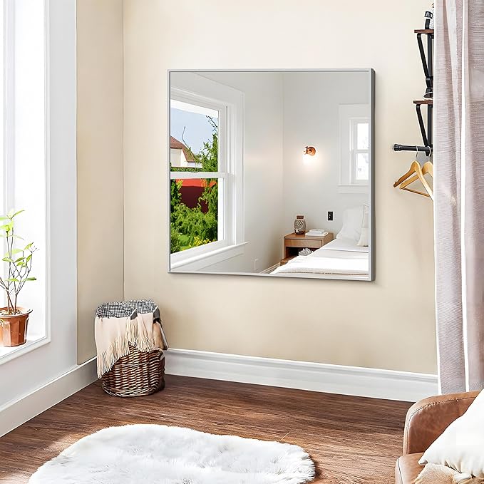KOCUUY Silver Framed Mirror, 36"x36" Rectangle Bathroom Mirror for Wall, HD Tempered Glass, Anti-Rust Frame, Modern Design for Bathroom, Bedroom, Living Room, Entryway
