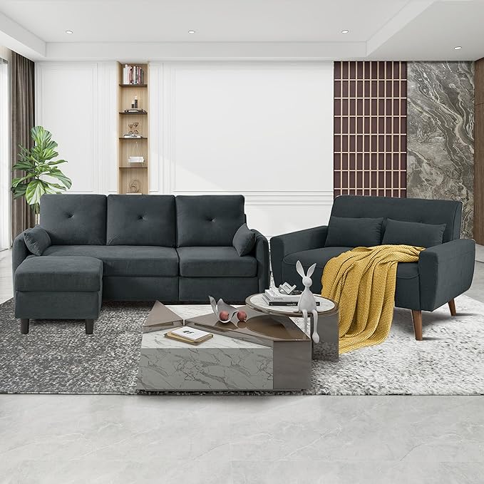 Convertible Sectional Couch Set, 77" L Shaped Sofa with Ottoman and 48" Loveseat, Modern Couches for Living Room, Apartment and Office, Dark Grey