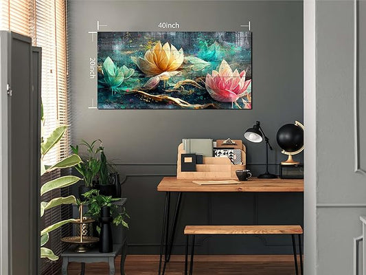 GUGIKA Lotus Flower Wall Art for Living Room, Floral Canvas Wall Decor for Bedroom, Teal Vintage Print Painting, Colorful Artwork for Home, Aesthetic Picture Decoration, Size 40x20