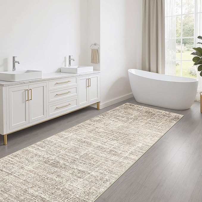Runner Rug Non-Slip Kitchen Rug: 2x6 Washable Abstract Modern Soft Stain Resistant Indoor Floor Neutral Accent Throw Carpet for Hallway Bathroom Laundry Room Bedroom Entryway- Brown