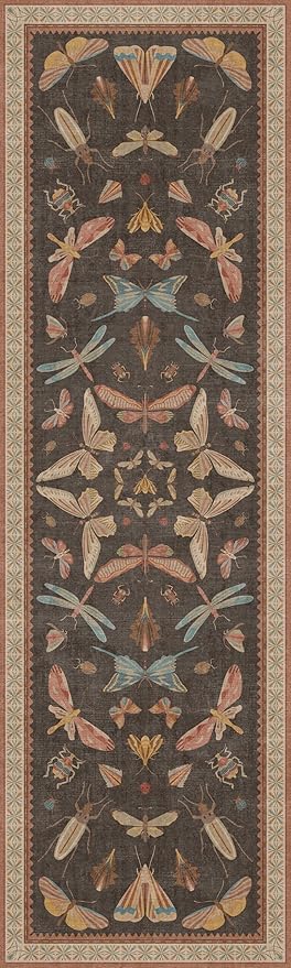 Hazo Haus Non Slip Hallway Runner Rug 3x10, Soft Low Pile Kitchen Floor Mat for Front Door Entrance, Orange Brown Vintage Insect Moth Décor