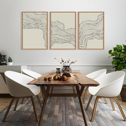 HLNIUC Neutral Abstract Framed Canvas Wall Art Set, Black Beige Wave Line Wall Decor, Large Minimalist Painting, Modern Geometric Art Print for Living Room, Bedroom, Dinning Room, Office - 24"x36"x3