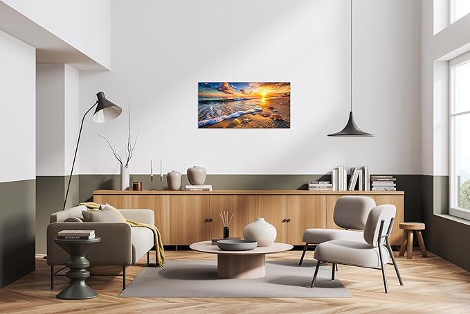 TutuBeer 1 Panel Beach Picture Beach Wall Art Blue Sea Sunset with Starfish Ocean Canvas Painting Sea Artwork for Walls Seascape the Pictures for Home Decor Wall Decor Ready to Hang 16x32inch