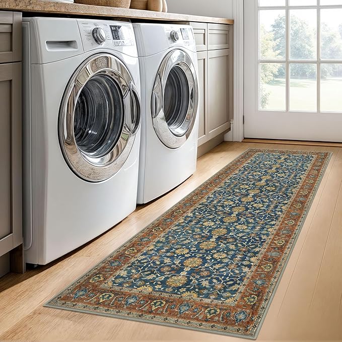 KUTA Vintage Washable Runner Rug, 2x6 Blue Terracotta Runners for Hallways Non-Slip Kitchen Rugs Ultra Thin Soft Printed Oriental Floral Floor Carpet for Laundry Bedroom Living Room Nursery