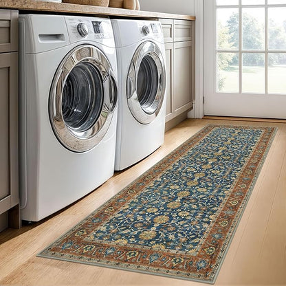 KUTA Vintage Washable Runner Rug, 2x6 Blue Terracotta Runners for Hallways Non-Slip Kitchen Rugs Ultra Thin Soft Printed Oriental Floral Floor Carpet for Laundry Bedroom Living Room Nursery