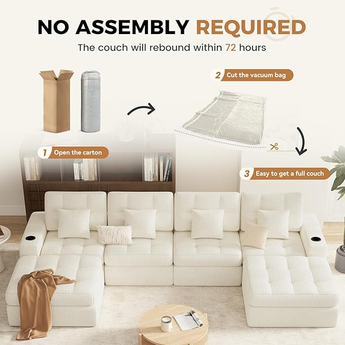 144" U Shaped Cloud Boneless Couch,Modern Modular Sectional Sofa with Layered Cushion,No Assembly Convertible Corduroy Couches for Living Room,Beige 1 PCS