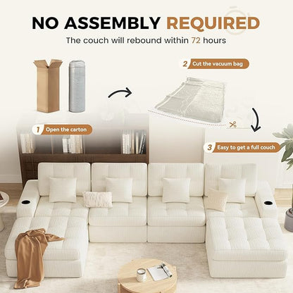 144" U Shaped Cloud Boneless Couch,Modern Modular Sectional Sofa with Layered Cushion,No Assembly Convertible Corduroy Couches for Living Room,Beige 1 PCS