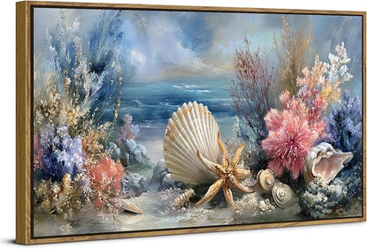 Coastal Coral Wall Art Rustic Seashell Framed Painting Graffiti Abstract Seascape Bathroom Wall Decor Blue Ocean Beach Picture for Living Room Conch Starfish Canvas Print Artwork Home Decoration 20x40