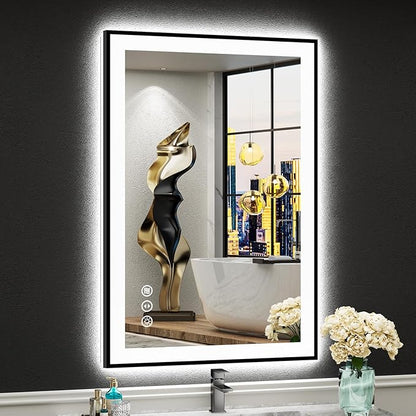 24x36 Black Framed LED Bathroom Mirror with Lights, Backlit and Front Lit Anti-Fog Lighted Vanity Mirrors for Bathroom Wall, Dimmable, 3 Colors, Memory, HD Tempered Glass, Horizontal/Vertical