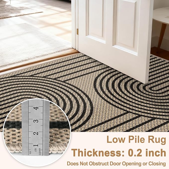 Easy Jute Hallway Runner Rug, 2' x 8' Kitchen Runner, Black Farmhouse Ultra-Thin Washable Non-Slip Carpet Runner for Laundry, Bedroom, Backyard, Outdoor, Home Decor