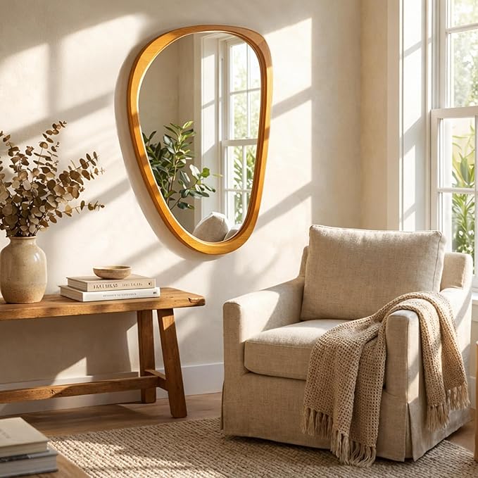 Solid Wood 30"x20" Irregular Asymmetrical Mirror, Japandi Boho Organic Shaped Decorative Accent Mirror, Small Natural Honey Walnut Wooden Wall-Mounted Mirror, Warm Walnut