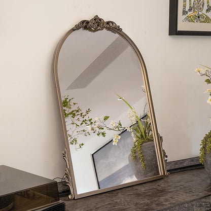 32''x24'' Antique Gold Arched Wall Mirror with Metal Flower Carving Frame, Small Vintage Retro Baroque Mirror Ornate, Vanity Mirror for Bathroom, Fireplace,Entryway, Living Room