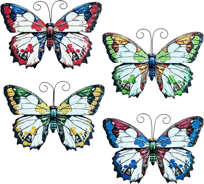 LWINGFLYER 4 Pcs Vintage Metal Wall Decor Butterfly & Flower - Rustic Farmhouse Metal Wall Art for Indoor Bathroom & Outdoor Fence Decoration (Butterflies)