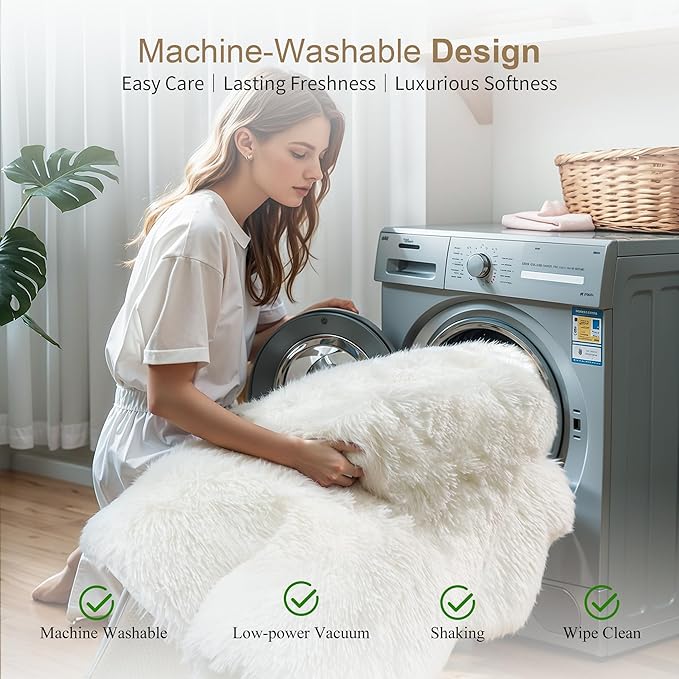 KICHOWUA Thick Area Rug 4x6 Cream White Fluffy Shag for Bedroom, Soft Washable Fuzzy Shaggy Non-Slip Plush Carpet for Living Room, Modern Furry Rugs for Kids Nursery Baby Boys Girls Dorm, Ivory