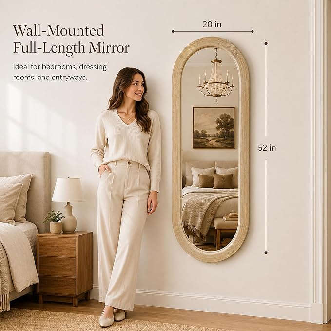 20" x 52" Oval Full Length Wall Mounted Mirror, Handwoven Natural Bamboo Frame (Warm Tone), Boho Coastal Mirror for Entryway, Bedroom, Dressing Room, Vertical & Horizontal Hanging