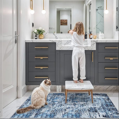 2x5 Washable Kitchen Runner Rug – Non-Slip Rubber Backing Low-Pile Soft Small Rug for Hallway Bathroom Bedroom Entryway Laundry Room – Modern Neutral Abstract Thin (Navy Blue)