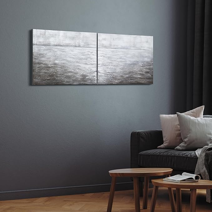 Empire Art Direct Abstract Wall Art Textured Hand Painted Canvas by Martin Edwards, Diptych, 24" x 36" each, Silver Light