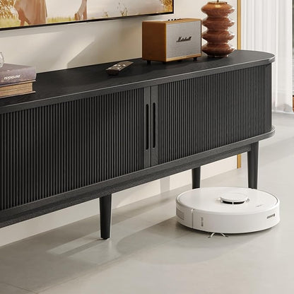 LINSY HOME Fluted TV Stand for 75" TV, Mid-Century Modern Wood Entertainment Center with Sliding Tambour Door and Storage Cabinet, Boho TV Media Console Table for Living Room, Bedroom, Black
