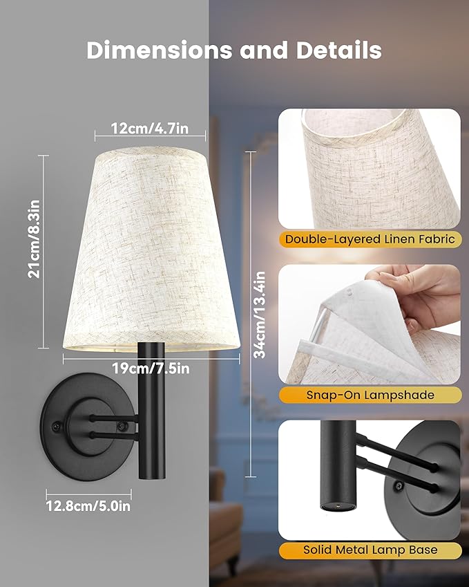 TECOMLIGHT Rechargeable Battery Operated Wall Sconce Set of 2, Wireless LED Wall Lights with Remote & Touch Control, Wall Mounted Lamp Lighting Fixtures for Bedroom Living Room, Matte Black