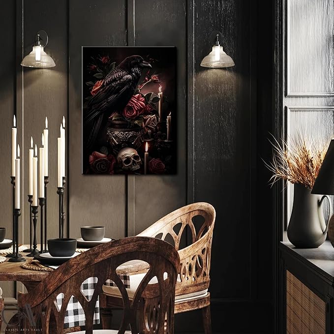 Gothic Canvas Wall Art Set of 3, Red Rose Skull Wall Decor Paintings, Dark Romantic Crow Goth Halloween Aesthetic Posters Prints for Bathroom, Living Room, Gallery, Home Decor 16x24Inch Framed