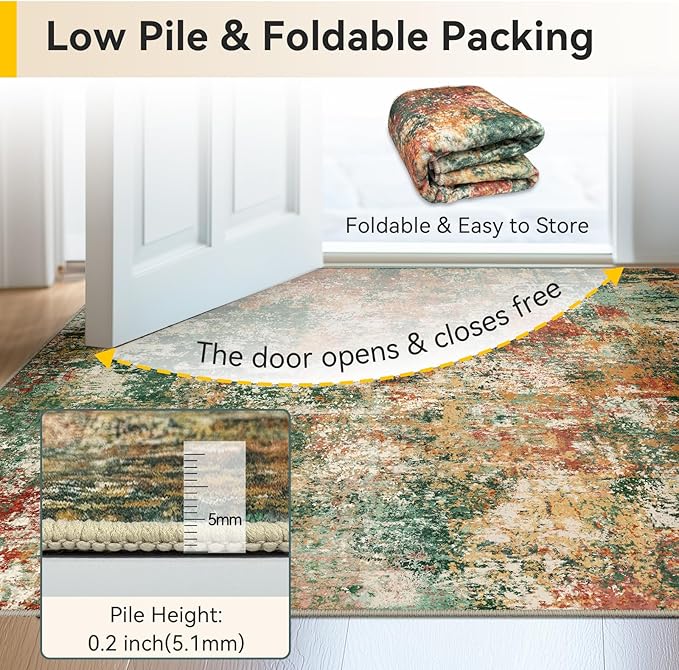 RELEANY Washable Area Rugs 2'x3' Non-Slip Modern Abstract Soft for Living Room Entryway Bedroom Nursery, Print Pattern, Green Orange Rust Red Cream Colorful