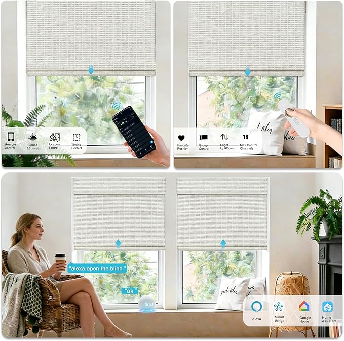 Motorized Bamboo Roman Shades, Motorized Blinds with Remote Compatible with Homekit, Alexa GoogleHome, Smart Wood Woven Shades for Indoor Windows, Customize, Glacier Frame