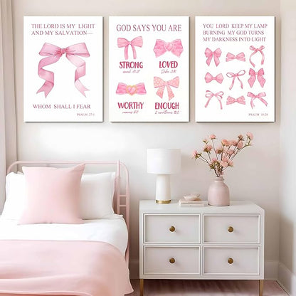JBZDD Christian Pink Bow Wall Art Set of 3 Inspirational Bible Verses Quotes Decor Posters Pictures Prints for Girls Room College Apartment Bathroom Bedroom Living Room12x16in Framed