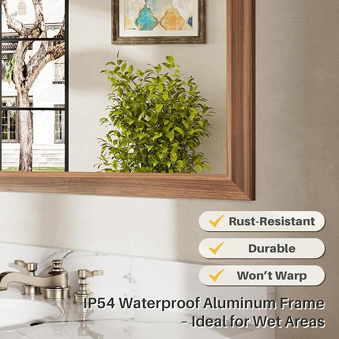 60x40 Inch Bathroom Mirror for Wall, Anti-Rust Walnut Wood Grain Metal Framed Bathroom Mirrors for Over Sink,Rectangler Mirrors for Bathroom Vanity, Farmhouse, Bedroom, Living Room, Entryway Decor