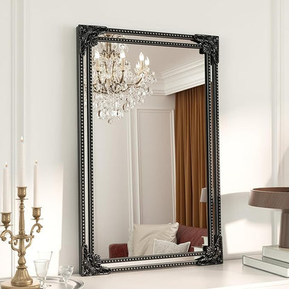 Keonjinn Vintage Mirror for Wall, 20" x 30" Antique Rectangular Black Mirrors with Metal Frame, Baroque Style Decoration for Mantle, Bathroom, Living Room, Fireplace, Bedroom, HD Shatterproof Glass