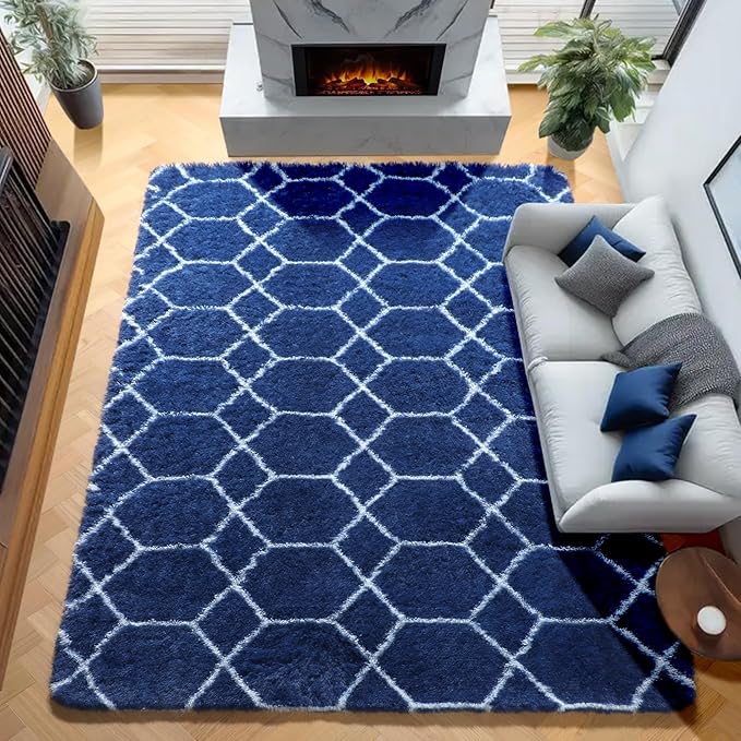 ONASAR 7x9 Area Rugs for Living Room Bedroom, Large Fluffy Navy Blue and White Throw Rug, Geometric Soft Plush Shaggy Indoor Floor Carpet for Nursery Kids Girls Boys Teen Dorm Home Decor Aesthetic