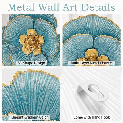 DILATATA 3 Pcs Metal Flower Wall Art Set 10 Inch Rustic Modern Floral Sculpture 3D Metal Flower Wall Hanging Accent for Indoor Living Room Bedroom Kitchen Bathroom Garden Patio Decor - Blue