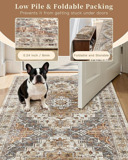 Madane Hallway Runner Rug 4x8 Wide: Washable Thin Runners for Hallways Entry, Non Slip Soft Vintage Kitchen Rugs Low Pile Carpet Runners for Living Room Bedroom Dining Room Foyer (Turmeric/Grey,4x8)