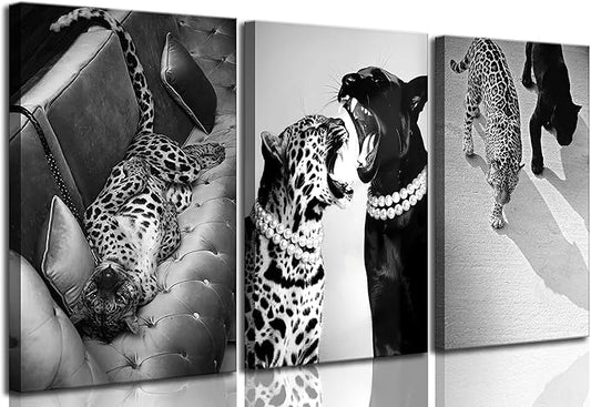 3 Pcs Black and White Cheetah Canvas Wall Art Vintage Trendy Wild Leopard Painting Picture Wall Decor Poster Print Artwork for Bedroom Living Room Apartment Home Decoration (24Lx16W-Canvas)