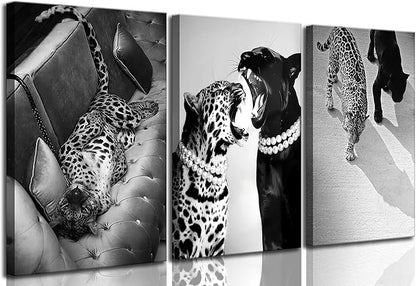 3 Pcs Black and White Cheetah Canvas Wall Art Vintage Trendy Wild Leopard Painting Picture Wall Decor Poster Print Artwork for Bedroom Living Room Apartment Home Decoration(16Lx12W-Canvas)