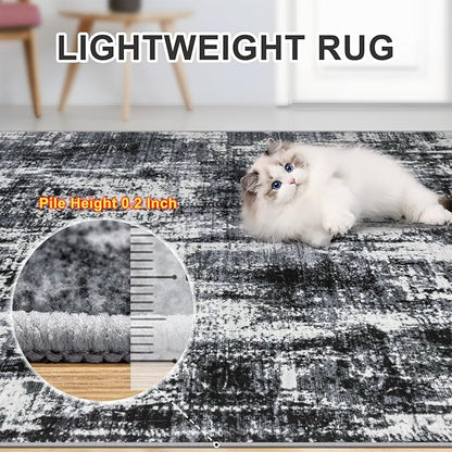 Area Rugs Living Room Rug - 5x7 Washable Modern Abstract Soft Neutral Non-Slip Carpet Large Indoor Floor Thin Carpets for Bedroom Dining Room Farmhouse Nursery Home Office Black
