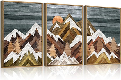 BINCUE Rustic Mountain Canvas Wall Picture Framed Mountain Wall Art Nature Landscape Artwork Boho Mountain Wall Decor Farmhouse Painting for Office Living Room Bedroom 16x24 Inches Set of 3