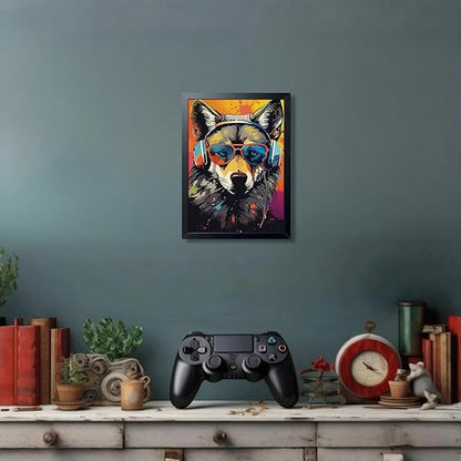 Cool Wolf Wall Art Framed Canvas Print, Wolf Wearing Sunglasses and Headphones Pop Art Poster, Vibrant Graffiti Music King Animal Painting for Boys Room Bedroom Gaming Room Home Decor 8x10 Inch