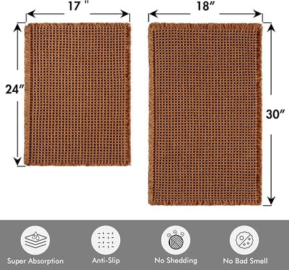 MIULEE Set of 2 Waffle Bathroom Rugs, Terracotta Boho Bath Rugs Non Slip Washable, Super Absorbent Bath Mats, Ultra Soft Rubber Backed Shower Mats for Bathroom Floor, Tub, Caramel, 17"x24"+18"x30"