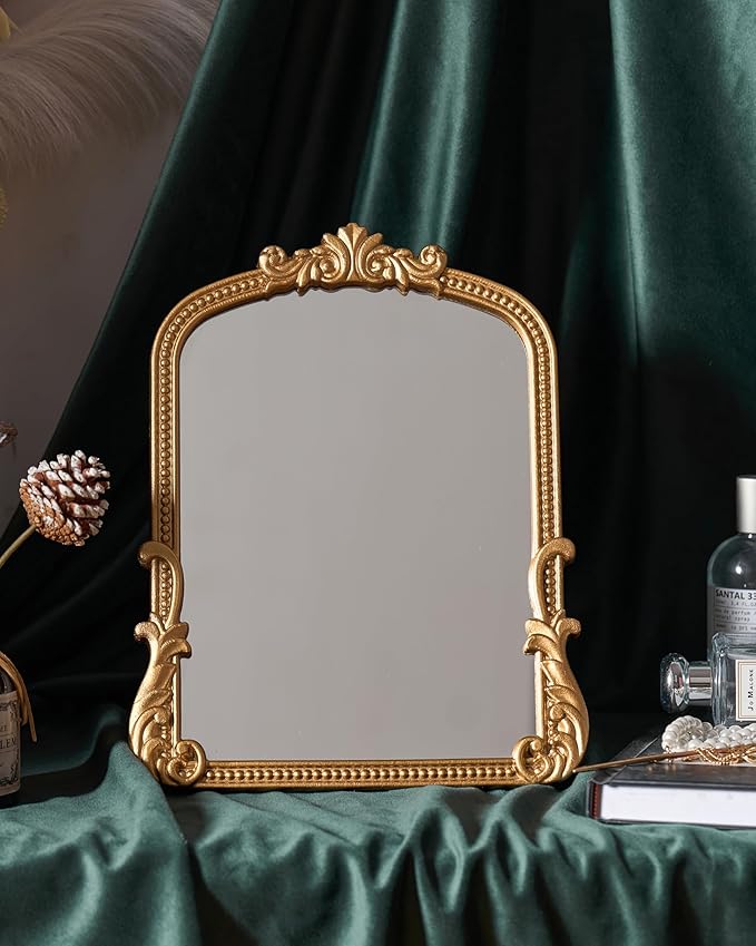 Vintage Vanity Small Mirror with Stand,Gold Decorative Mirrors for Wall,Antique Desk Eclectic Home Dresser Decor Small Mirror,Bathroom, Bedroom, Makeup Desk, Wall Entry,11.6" L x 9.0" W Gold