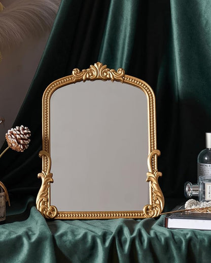 Vintage Vanity Small Mirror with Stand,Gold Decorative Mirrors for Wall,Antique Desk Eclectic Home Dresser Decor Small Mirror,Bathroom, Bedroom, Makeup Desk, Wall Entry,11.6" L x 9.0" W Gold