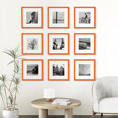 Vittanly 12x12 Picture Frames Set of 9, Shatter Resistant Plexiglass, Display 8x8 Pictures with Mat or 12x12 without Mat, Photo Frames for Wall Mount, Engineered Wood, Orange
