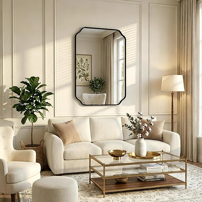 Black Wall Mirror 36"x24", Scalloped Edge Vanity Mirror - Hangs Vertically/Horizontally Decorative Bathroom Mirror for Vanity, Bedroom & Entryway, Aesthetic Bathroom Decor